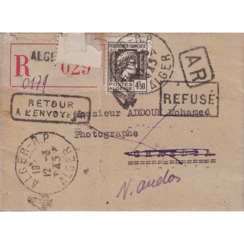 ALGERIE - ALGER-RP -PETITE LETTRE RECOMMANDEE AVEC AR - RETOUR ET REFUSE LE 12-3-1945.