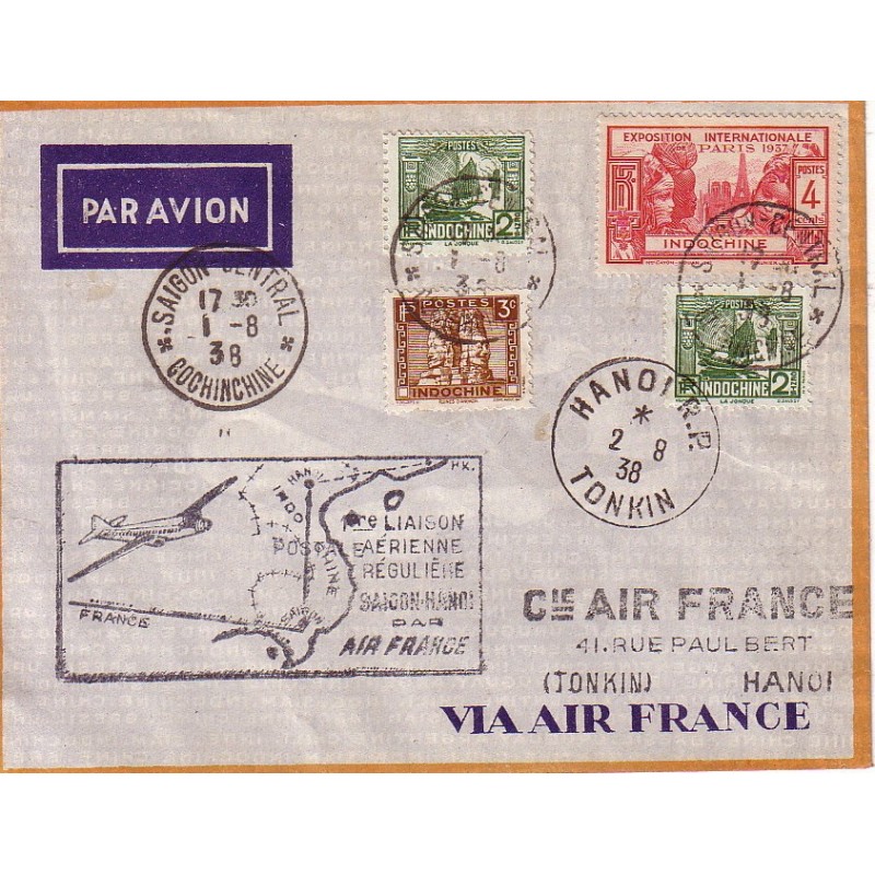 COCHINCHINE - SAIGON - 1er LIAISON SAIGON-HANOI PAR AIR FRANCE - 1-8-1938.