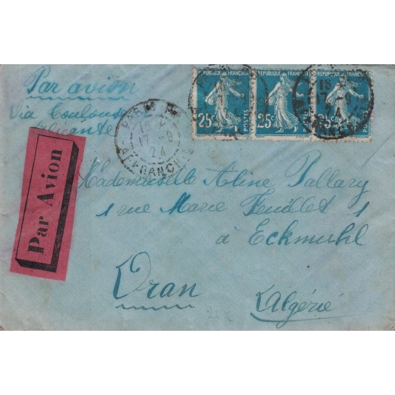 PARIS - LETTRE AVION VIA TOULOUSE ET ALICANTE - DE PARIS POUR L'ALGERIE - 17-8-1924.