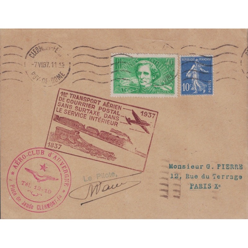 PUY DE DOME - CLERMONT - SIGNATURE DU PILOTE RAYMOND VANIER - 1er TRANSPORT 1937.1ER TRA