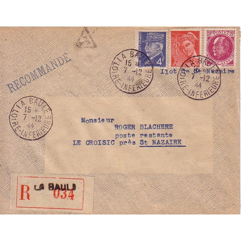 LIBERATION - LA BAULE - 7-12-1944 - GRIFFE ILOT DE ST-NAZAIRE POCHE DE L'ATLANTIQUE - AFFRANCHISSEMENT PETAIN ET MERCURE.
