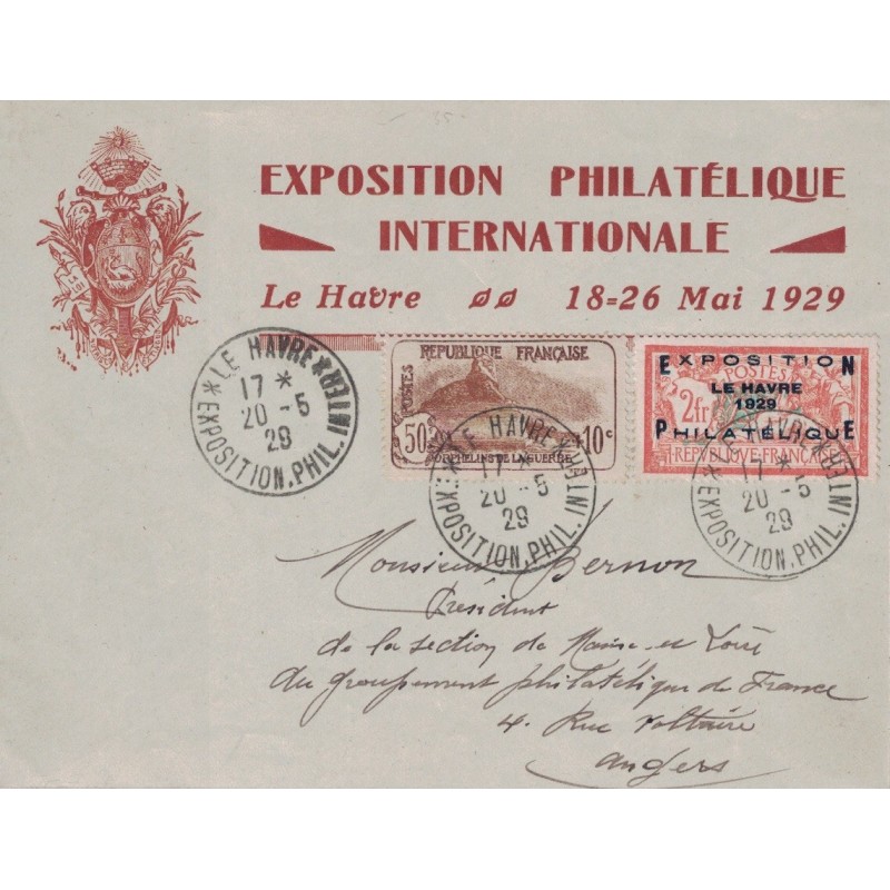 LE HAVRE - *EXPOSITION PHILATELIQUE INTERNATIONALE - MERSON No257A SUR ENVELOPPE DE L'EXPO AVEC 50+10 ORPHELINS.