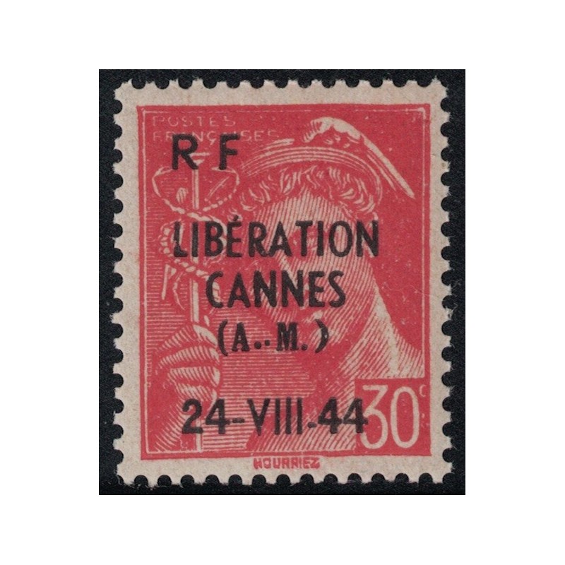LIBERATION - ALPES MARITIMES - CANNES - 30c MERCURE - SURCHARGE LIBERATION CANNES 24 VII 44 - NEUF SANS TRACE DE CHARNIERE.