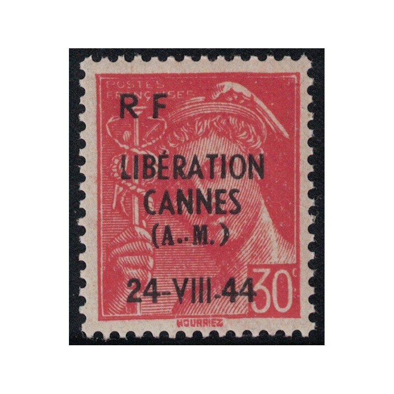 LIBERATION - ALPES MARITIMES - CANNES - 30c MERCURE - SURCHARGE LIBERATION CANNES 24 VII 44 - NEUF SANS TRACE DE CHARNIERE.