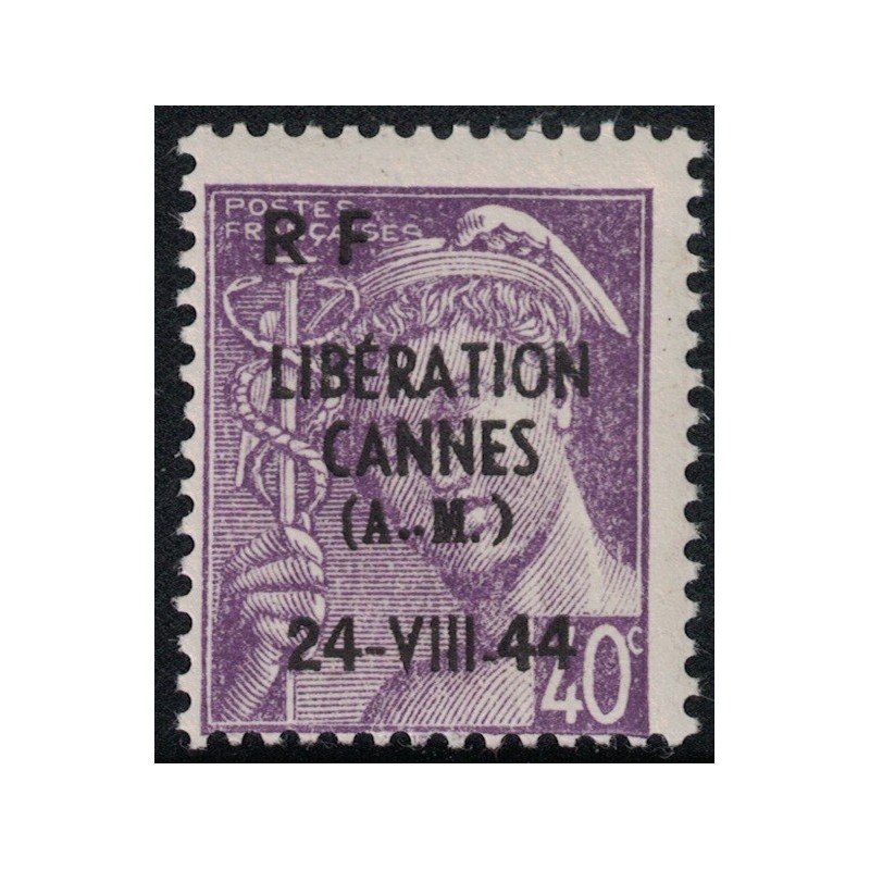 LIBERATION - ALPES MARITIMES - CANNES - 40c MERCURE - SURCHARGE LIBERATION CANNES 24 VII 44 - NEUF SANS TRACE DE CHARNIERE.