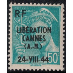 LIBERATION - ALPES MARITIMES - CANNES - 50c MERCURE - SURCHARGE LIBERATION CANNES 24 VII 44 - NEUF SANS TRACE DE CHARNIERE.