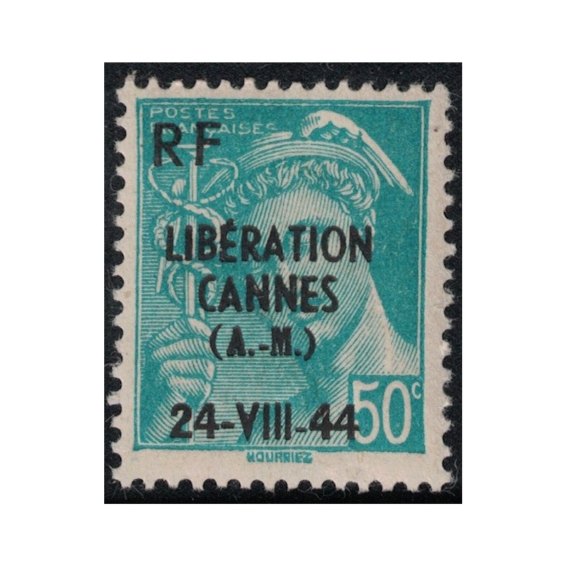 LIBERATION - ALPES MARITIMES - CANNES - 50c MERCURE - SURCHARGE LIBERATION CANNES 24 VII 44 - NEUF SANS TRACE DE CHARNIERE.