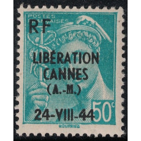 LIBERATION - ALPES MARITIMES - CANNES - 50c MERCURE - SURCHARGE LIBERATION CANNES 24 VII 44 - NEUF SANS TRACE DE CHARNIERE.