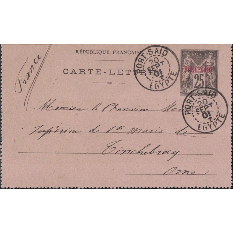 EGYPTE - PORT-SAID - ENTIER POSTAL AVEC SURCHARGE - LE 20 SEPTEMBRE 1901.