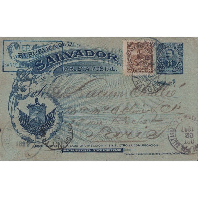 SALVADOR - ENTIER POSTAL ILLUSTRE POUR PARIS - 22-10-1897 - DIVERS CACHET DONT PARIS ETRANGER.