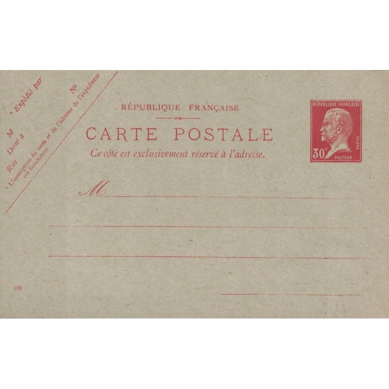 PASTEUR - ENTIER POSTAL NEUF 30c ROUGE - DATE 318 - COTE 30€.