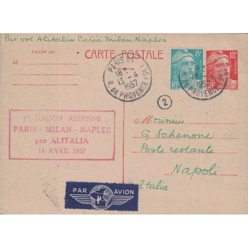 GANDON - ENTIER POSTAL 12F+8F MOBILE -DE PARIS POUR NAPLES - ITALIE - 1eR LIAISON AERIENNE.