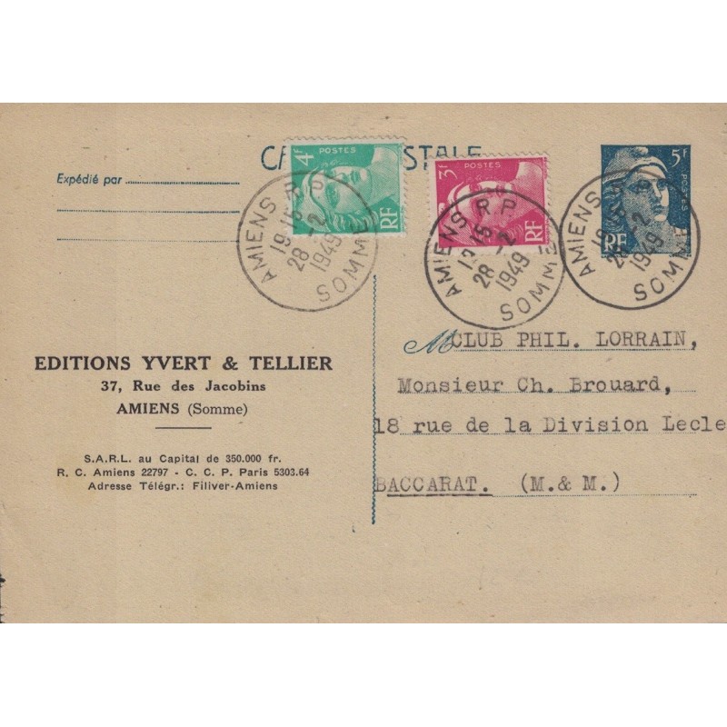 GANDON - ENTIER POSTAL 5F+4F+3F MOBILE - AMIENS RP - SOMME - 28-2-1949 - AFFRANCHISSEMENT TRICOLORE.